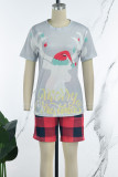 Black Red Casual Print Basic O Neck Short Sleeve Two Pieces