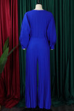 Blue Elegant Solid Patchwork Pleated O Neck Plus Size Two Pieces