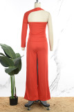 Red Casual Daily Simplicity Solid Color One Shoulder Long Sleeve Two Pieces