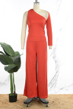 Red Casual Daily Simplicity Solid Color One Shoulder Long Sleeve Two Pieces
