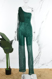Green Casual Patchwork Sequins Backless Oblique Collar Skinny Jumpsuits