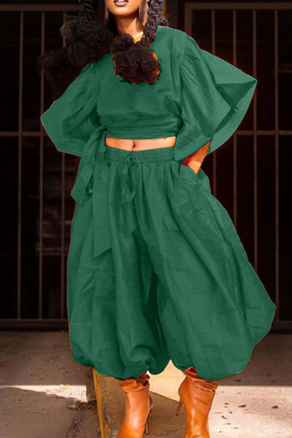 Green Elegant Solid Patchwork Draw String Pocket O Neck Short Sleeve Two Pieces