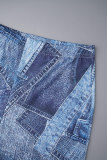 Blue Casual Print Basic Regular High Waist Conventional Full Print Trousers