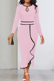 Red Elegant Hollowed Out Patchwork Flounce Contrast O Neck Long Sleeve Dresses