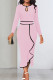 Pink Elegant Hollowed Out Patchwork Flounce Contrast O Neck Long Sleeve Dresses