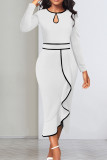 Red Elegant Hollowed Out Patchwork Flounce Contrast O Neck Long Sleeve Dresses