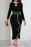 Red Elegant Hollowed Out Patchwork Flounce Contrast O Neck Long Sleeve Dresses