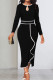 Black Elegant Hollowed Out Patchwork Flounce Contrast O Neck Long Sleeve Dresses