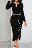 Red Elegant Hollowed Out Patchwork Flounce Contrast O Neck Long Sleeve Dresses