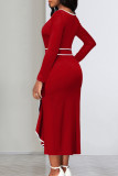 Red Elegant Hollowed Out Patchwork Flounce Contrast O Neck Long Sleeve Dresses