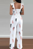 White Elegant Print Bandage Patchwork Asymmetrical Collar Sleeveless Two Pieces