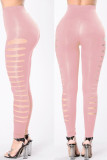 Pink Casual Solid Hollowed Out Patchwork Skinny High Waist Pencil Solid Color Bottoms