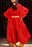 Red Elegant Solid Patchwork Draw String Pocket O Neck Short Sleeve Two Pieces