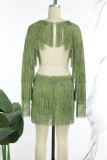 Green Sexy Solid Tassel Hollowed Out Patchwork Backless O Neck Long Sleeve Dresses