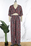 Red Casual Daily Simplicity Mixed Printing Printing Contrast V Neck Half Sleeve Two Pieces