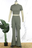 Gray Green Casual Solid Basic Half A Turtleneck Short Sleeve Two Pieces