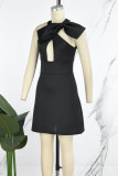 Black Sweet Daily Party Elegant Solid Color With Bow Halter Dresses