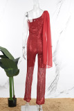 Red Casual Patchwork Sequins Backless Oblique Collar Skinny Jumpsuits