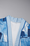 Blue Casual Print Cardigan Plus Size Overcoat