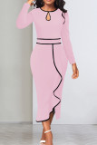Red Elegant Hollowed Out Patchwork Flounce Contrast O Neck Long Sleeve Dresses