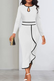 Red Elegant Hollowed Out Patchwork Flounce Contrast O Neck Long Sleeve Dresses