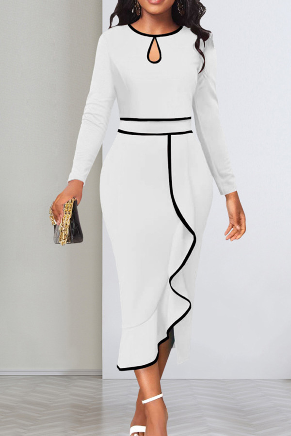 White Elegant Hollowed Out Patchwork Flounce Contrast O Neck Long Sleeve Dresses