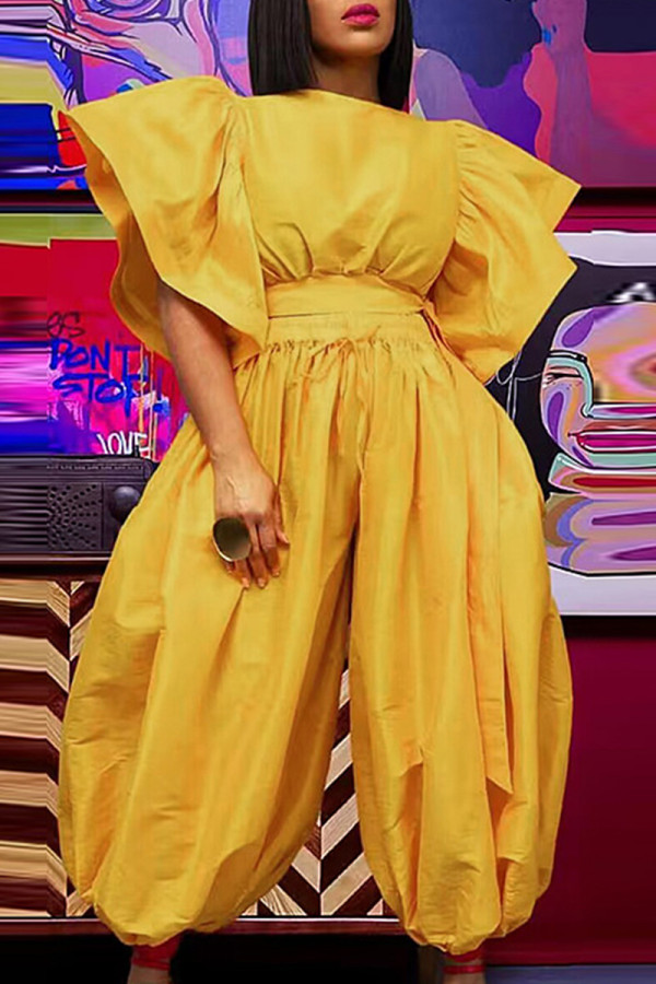 Yellow Elegant Solid Patchwork Draw String Pocket O Neck Short Sleeve Two Pieces