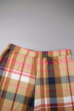 Brown Casual Plaid Print Basic Regular High Waist Conventional Full Print Trousers