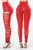 Red Casual Solid Hollowed Out Patchwork Skinny High Waist Pencil Solid Color Bottoms