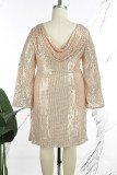 Apricot Casual Solid Sequins Patchwork Backless O Neck Long Sleeve Plus Size Dresses