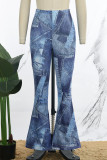 Blue Casual Print Basic Regular High Waist Conventional Full Print Trousers