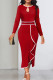 Red Elegant Hollowed Out Patchwork Flounce Contrast O Neck Long Sleeve Dresses