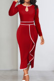 Red Elegant Hollowed Out Patchwork Flounce Contrast O Neck Long Sleeve Dresses