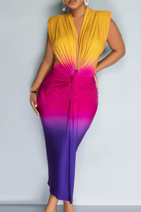 Colour Sexy Gradual Change Bandage Patchwork V Neck Sleeveless Two Pieces