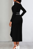 Red Elegant Hollowed Out Patchwork Flounce Contrast O Neck Long Sleeve Dresses