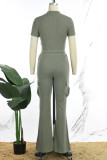 Gray Green Casual Solid Basic Half A Turtleneck Short Sleeve Two Pieces