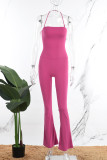Rose Red Sportswear Solid Patchwork Halter Boot Cut Jumpsuits