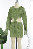 Green Sexy Solid Tassel Hollowed Out Patchwork Backless O Neck Long Sleeve Dresses