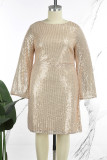 Apricot Casual Solid Sequins Patchwork Backless O Neck Long Sleeve Plus Size Dresses