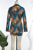 Red Casual Print Basic Turn-back Collar Long Sleeve Two Pieces