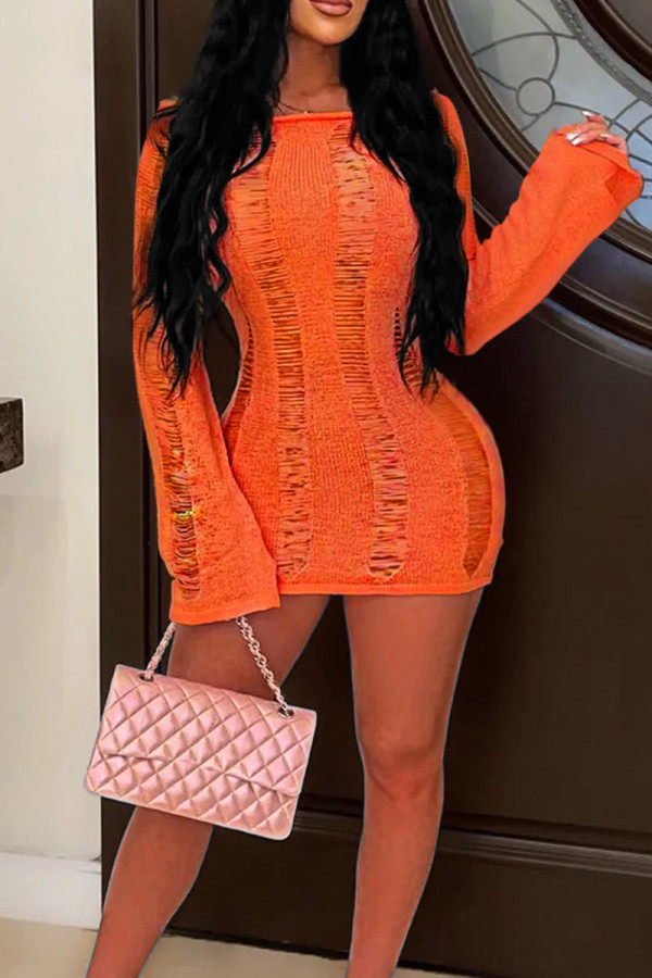 Orange Sexy Solid Hollowed Out Patchwork Backless Off the Shoulder Long Sleeve Dresses