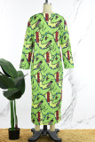 Green Casual Cartoon Print Basic V Neck Long Sleeve Dresses