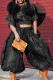 Black Elegant Solid Patchwork Draw String Pocket O Neck Short Sleeve Two Pieces