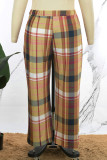 Brown Casual Plaid Print Basic Regular High Waist Conventional Full Print Trousers