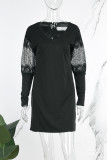 Black khaki Casual Solid Patchwork V Neck Long Sleeve Dresses