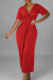 Rose Red Casual Solid Patchwork V Neck Loose Jumpsuits