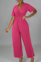 Rose Red Casual Solid Patchwork V Neck Loose Jumpsuits
