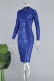 Blue Casual Patchwork Sequins O Neck Long Sleeve Dresses