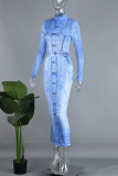 Blue Casual Print Basic Half A Turtleneck Long Sleeve Dresses
