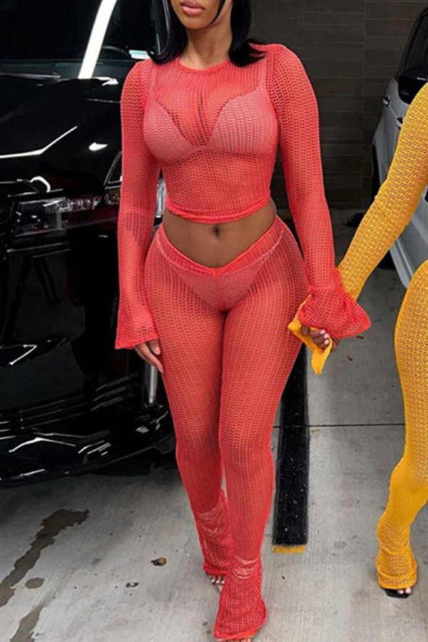 Red Sexy Solid Patchwork O Neck Long Sleeve Two Pieces